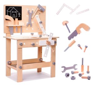 Kinder Werkbank Set - Holz Kinderwerkbank | Werkstatt Werkbank mit viel Werkzeug Zubehör aus Holz | Werkzeugbank Spielzeug Tisch für Kinderwerkstatt| für Jungs & Mädchen ab 3 Jahren