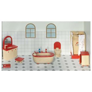 goki 51959 Kúpeľňa s nábytkom pre bábiky, červená/prírodná (1 sada)