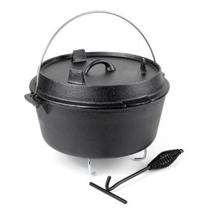 Dutch Oven 9l mit Untersetzer und Deckelheber, Kochtopf aus Gusseisen für Lagerfeuer und Camping