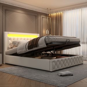 Fortuna Lai Hydraulická posteľ Boxspring 140x200 cm Čalúnená posteľ so zásuvkou a lamelovým roštom, LED osvetlením a funkciou úložného priestoru, úložná funkčná posteľ Manželská posteľ z PU, biela