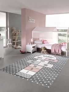 Kinderteppich Hüpfspiel Teppich Hüpfkästchen in Grau Rosa Creme Größe - 80x150 cm