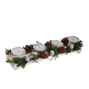 Adventsgesteck MCW-M12 mit Kerzenhaltern, Adventskranz Weihnachtsdeko Holz silber weiß 18x49x13cm  ohne Kerzen