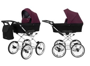 Kinderwagen ROMANTIC Babywagen Babyschale Kinder Wagen Set 1 in 1 (schwarz + weinrot, Rahmenfarbe: grauer Rahmen)