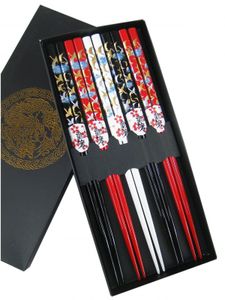 [ 5 Paar ] Essstäbchen Geschenkset [ Design KRANICH ] aus Bambus, lackiert / Chopsticks