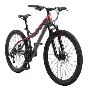 BIKESTAR hardtail hliníkový horský bicykel 26 palcov, 21 rýchlostí Shimano s kotúčovou brzdou, 16 palcový rám MTB bicykel pre dospelých a mládež, sivý a červený