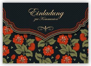 4x Schicke Einladungskarte mit schönem Blumen Muster in orange schwarz für Mädchen: Einladung zur Kommunion