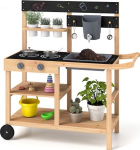 COSTWAY Matschküche Outdoor, Spielküche Kinderküche Tannenholz mit Tafel, Pflanztöpfen, Spüle, Wasserkasten & Wasserhahn für Kinder ab 3 Jahren