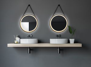 Talos Golden Summer Ø 55 cm - nástěnné zrcadlo s nepřímým osvětlením - závěsný popruh se vzhledem kůže - světlé zrcadlo s neutrálním bílým světlem - kvalitní hliníkový rám ve zlaté barvě - koupelnové zrcadlo, zrcadlo do koupelny