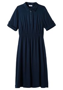 sheego Damen Große Größen Hemdblusenkleid mit Gummizugbund in der Taille Blusenkleid Citywear klassisch V-Ausschnitt Knopfleiste unifarben
