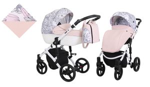 Kinderwagen TIARO Sportwagen Babywagen Babyschale Komplettset Kinder Wagen Set 2 in 1 (Rosa mit Blumen, Rahmenfarbe: Weiß)