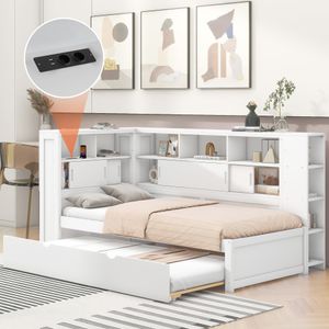 Plattform Bett Kinderbett 90x200cm(90x190cm) Plattform Bett(Ohne Matratze)mit Ausziehbett Plattform Bett mit Staufach mit USB Weiß
