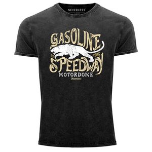 Neverless® Herren T-Shirt Vintage Shirt Printshirt Gasoline Speedway Panther Motiv Used Look Slim Fit schwarz M