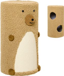 PawHut Kratztonne, Höhe 66 cm, Kratzturm mit 2 Ebenen, Katzentonne mit Kratzbrett, Katzenturm mit 2 Höhlen, Katzenkratzbaum im Bärendesign, Hellbraun