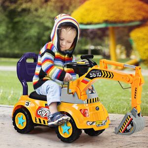 COSTWAY Sitzbagger mit Musik Soundeffekt & Lichter Sandbagger Schaufelbagger inkl. Helm & Sandspielzeug für Kinder ab 3 Jahren Gelb