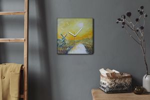 Coloray Hodiny Unikátní 30x30 cm  Tiché hodiny Pro obývací pokoj a kuchyň Nástěnné hodiny Plátno Bílé ručičky hodin - Západ slunce ve vesnici