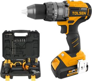TOLSEN Aku příklepová bezuhlíková vrtačka 20V, 2x2Ah + sada vrtáků a kufřík, 58 Nm