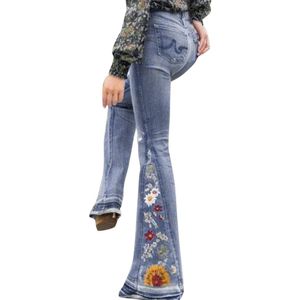 Jeanshose Damen Jeans Weites Bein Pants Stretch Schlaghose Hohe Taille Stickerei Hose Hellblau,Größe:EU