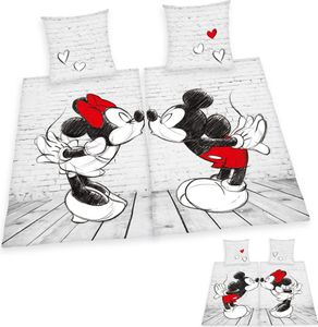 Disney Mickey + Minnie Mouse 4-teilig Partner Bettwäsche / Doppelpack 2x 80x80cm + 135x200cm, 100% Baumwolle