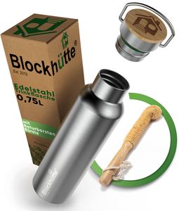 Blockhütte Premium Edelstahl Trinkflasche isoliert I 1L, 750ml, 500ml I mit Bürste I Isolierflasche auslaufsicher I Wasserflasche spülmaschinenfest