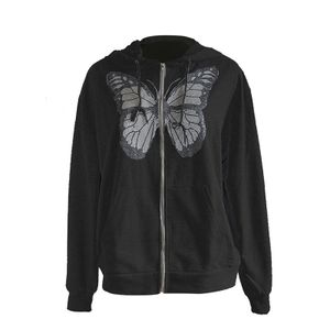 Damen Schmetterling Strass Print Sweatshirts Casual Hoodie Zip Up Jacke,Farbe: Schwarz,Größe:M