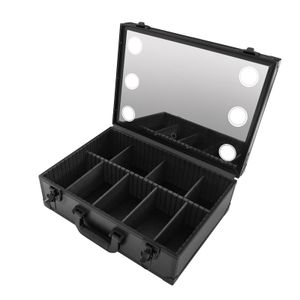 Schminkkoffer mit abnehmbaren Trennwänden 3 farbigem LED Licht Spiegel Make-up Koffer Kosmetik Organizer (schwarz,groß) für Damen Mädchen