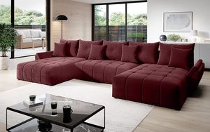 Vigo Velvet Monolith Ecksofa in U-Form 382 cm x 190 cm -  Schlafsofa mit Bettkasten - Couch mit Stauraum und Kissen - Sofa mit Schlaffunktion - Ausziehbares Schlafsofa - Farbe: Kastanienbraun (M-69)