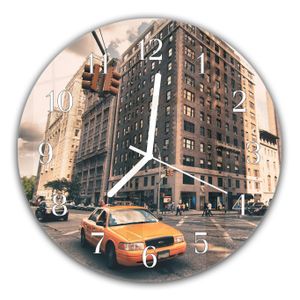 Wanduhr aus Glas mit Motiv Taxi in New York - Rund mit Durchmesser 30 cm und Quarzuhrwerk
