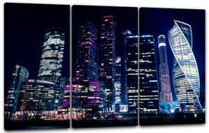 Leinwandbild 3-teilig (120x80cm): Big City at night Hochhäuser New York Tokyo Dubai Stadtebilder Skyline, echter Holz-Keilrahmen inkl. Aufhänger, handgefertigt in Deutschland