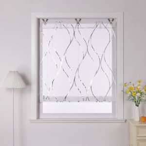 Joyswahl Raffrollo ohne Bohren Hakenaufhängung Voile Küche Gardinen Raffgardinen mit Haken Ösenrollo mit Wellenstreifen Silber BxH 100x130cm