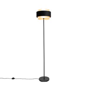 QAZQA - Moderne Stehlampe Schwarz mit Gold I Messing - Elif I Wohnzimmer I Schlafzimmer - Textil Rund - LED geeignet E27