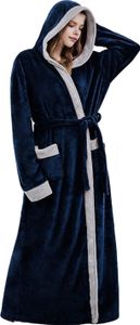 Damen Winternachthemd Dicker Flanell Warm Schnürung Verstellbarer Gürtel Farbblock Kapuzentaschen Hervorragende Wasseraufnahme Knöchellang Lady Homewear Spa Hotel Bademantel