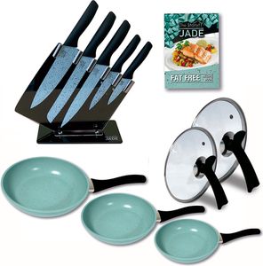 Starlyf® Pfannen Set »Jade Pan Set + Jade Knife Series«, Aluminium (Spar-Set, 11-tlg., 3 Pfannen, 2 Glasdeckel, 5 Messer, 1 Messerständer), Küchenstarterset, Jade-Beschichtung, Pfannen, Messerset, Messerblock
