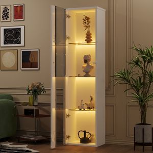 Flieks Glasvitrine mit LED-Beleuchtung 40x29x170 cm, Vitrine Sammlervitrine mit Acrylplatte, Standschrank Hochschrank mit 1 Tür, weiß