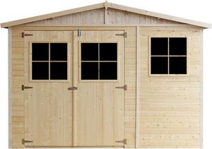 Drewniana szopa ogrodowa - Pomieszczenie magazynowe z oknami - H226x316x324 cm/9 m² Szopa z płyty wiórowej z naturalnego drewna - Warsztat ogrodowy - TIMBELA M335