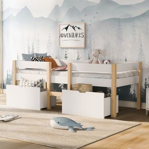 Sweiko Kinderbett 90x200cm Hochbetten mit 2 Schubladen Massivholzbett mit Lattenrost und Rausfallschutz Kiefer weiß