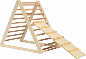 COSTWAY Kletterdreieck klappbar, Klettergerüst mit Leiter aus Holz, Sprossendreieck zur Entwicklung grobmotorischer Fähigkeiten, für Kleinkinder ab 3 Jahren (Natur)