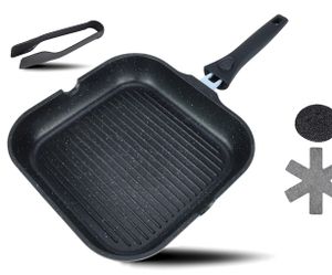 DIVORY Grillpfanne 28x28cm mit Ausguss und abnehmbaren Griff - Steakpfanne induktion - beschichtete Pfanne für den Grill inkl. Grillzange & Filz