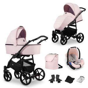 Kinderwagen MATA Sportwagen Babywagen Babyschale Komplettset Kinder Wagen Autositz Set 3 in 1 (rose, Rahmenfarbe: schwarz)