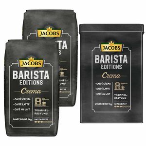 JACOBS Kaffeebohnen Barista Editions Crema 2 x 1 kg ganze Bohne + 1 Aluminium Dose im Barista Design