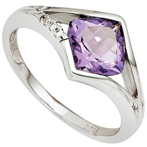 JOBO Damen Ring 585 Gold Weißgold 3 Diamanten Brillanten 1 Amethyst violett Goldring Größe 56