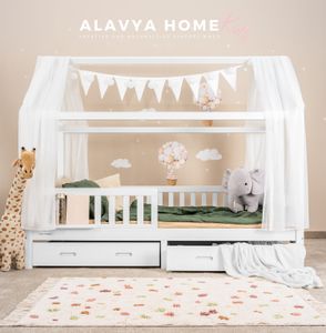 Alavya Home® Hausbett 90 x 200 cm mit Buchablage Weiß - KOMPLETT SET mit Matratze und Schubladen