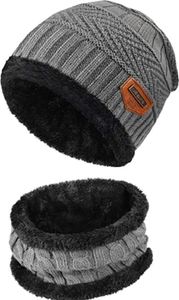 Kinder Beanie Mütze / Loop Schal Strickmütze Fellmütze Damen Herren Winter Warm Aldult Grau