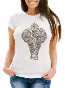 Damen T-Shirt Mandala Elefant Elephant Boho Ethno Slim Fit Neverless® weiß XL
