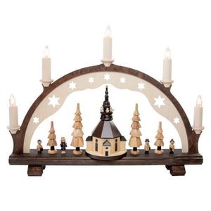 Svíčkový oblouk Seiffen vesnice s kostelem el. osvětlený ŠxVxH 42x31x7cm NOVINKA