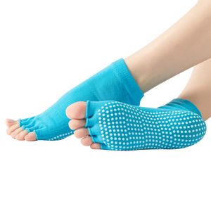Rutschfeste Yoga-Socken mit Griffen für Pilates, Ballett, Barfuß, Krankenhaus, rutschfeste Socken für Damen und Herren , Blau, halber Finger