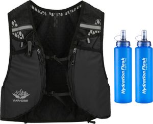 Kamizelka hydracyjna Vanaheimr z kieszeniami, regulowanymi paskami, unisex, kamizelka do biegania, kamizelka turystyczna, kamizelka rowerowa, czarna, z workiem na wodę 0,5 l*2