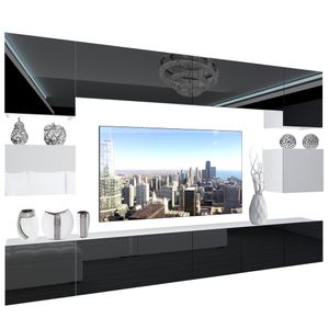 BELINI Wohnwand Vollausstattung Wohnzimmer-Set Moderne Schrankwand mit LED-Beleuchtung Weiß Glänzend Anbauwand TV-Schrank Schwarz / Weiß Glänzend