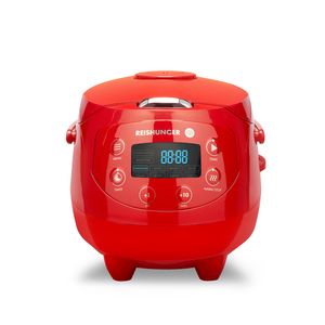 REISHUNGER Digitaler Reiskocher klein, rot - 0,6 L bis 3 Personen - Warmhaltefunktion, Timer & Premium Topf - Kleiner Multikocher & Dampfgarer