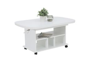 Funktionscouchtisch Wohnzimmertisch Babsi - Nachbildung Weiß - höhenverstellbar und ausziehbar - Rollenfüße - große Ablage - 107x157x67cm