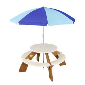 AXI Orion Picknicktisch für Kinder aus Holz | Runder Kindertisch mit Sonnenschirm für den Garten in Braun & Weiß